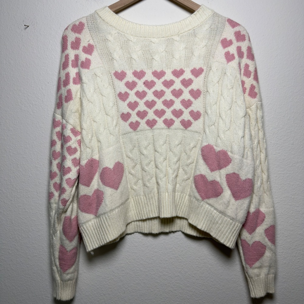 Threaded Leaf Women Patchwork Sweater M Cream Pink Heart Cable Knit Coquette